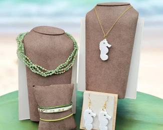 Coastal Seahorse Jewelry Set  Beaded Necklace  Stackable Bracelets