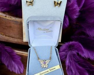 Amethyst Butterfly Necklace  Post Earrings