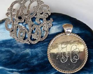 Sterling Silver 34.80 Grams  Monogram Jewelry  Engraved Pendant  Filigree Initial Brooch