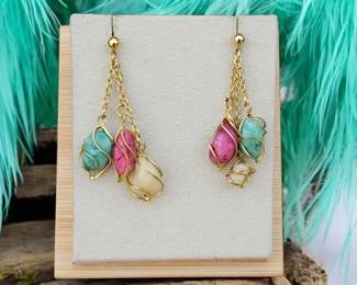 Gold WireWrapped MutiStone Dangle Earrings  Tested