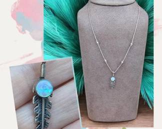 Southwestern Sterling Silver Opal Feather Necklace