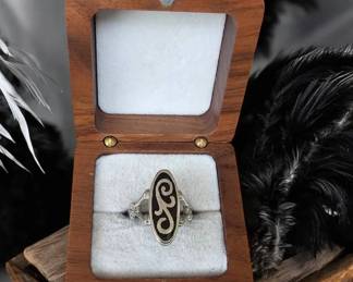 Russian Silver Ring With Black Inlaid Enamel - Marked 84 & Has Other Markings - Size 8