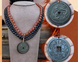 Mala Necklace With Black Onyx and Orange Agate Stones  Dragon Engraved