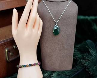Green Teardrop Pendant Necklace  Multi Gemstone Bracelet Set