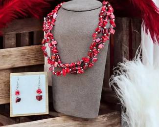 Red Chunky Statement Necklace  Matching Earrings