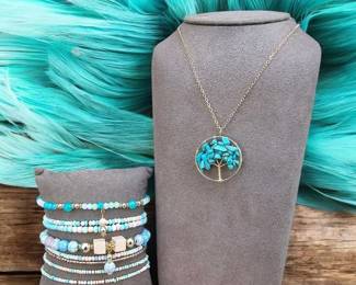 Turquoise Tree of Life Necklace  Boho Beaded Bracelet Stack