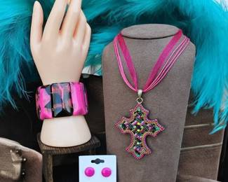 Bold  Vibrant Cross Necklace With Chunky Bracelet And Earrings