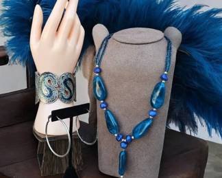 Bold Teal Statement Necklace Set with Hoop Earrings  Silver Cuff Bracelet