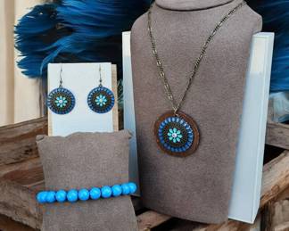 Mandala Pendant Necklace, Matching Earrings  Blue Beaded Bracelet