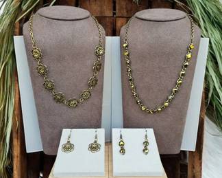 Brassy Duo  2 Necklaces  Matching Earrings