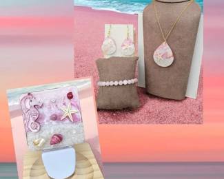 Pink Coastal Jewelry Set  Starfish Pendant, Earrings  Beaded Bracelet with Seahorse Night Light