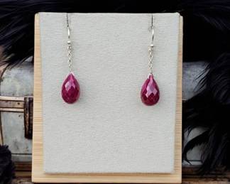 Sterling Silver Ruby Faceted Drop Dangle Fish Hook Earrings  Tested