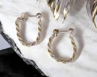 Sterling Silver 2.27 Grams PT  Two Tone Twisted Rope Earrings Diamond Cut With Backs  Tested