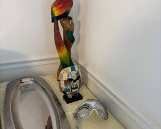 DECOR - SILVER TRAY, MASKS, PARROT STATUE