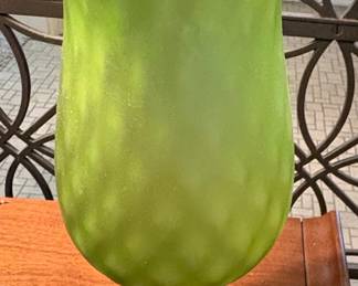 Frosted Green Glass Vase with Blue Foot and Raised Dots