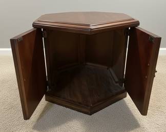 Vintage Hexagonal End Table with Cabinet and Paneled Doors