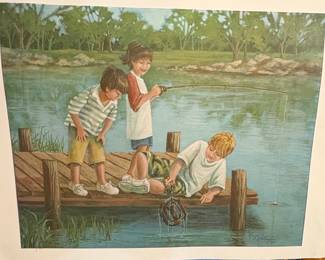 Children Fishing on a Dock Print by Marge Whittington