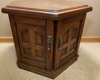 Vintage Hexagonal End Table with Cabinet and Paneled Doors