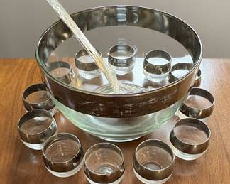 Dorothy Thorpe Style Silver Band Punch Bowl Set with Roly Poly Glasses and Ladle