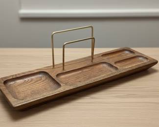 Mid-Century Modern Walnut Valet Tray with Brass Uprights
