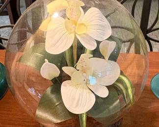 Artificial White Orchids in Glass Dome with Bark-like Base