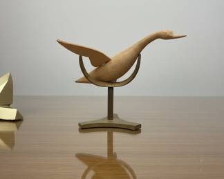 Carved Wooden Duck in Flight on Metal Stand