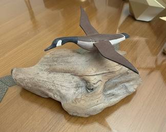 Mid Century Flying Canada Goose Figurine on Driftwood Base