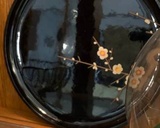 Vintage Japanese Black Lacquer Tray with Plum Blossoms