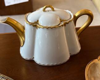 White Porcelain Teapot with Gold Trim and Scalloped Lid