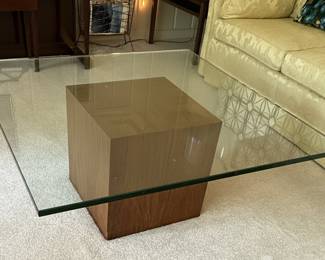 Mid-Century Modern Glass Top Coffee Table with Wood Pedestal Base