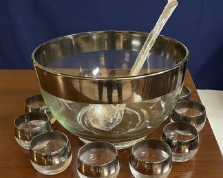 Dorothy Thorpe Style Silver Band Punch Bowl Set with Roly Poly Glasses and Ladle