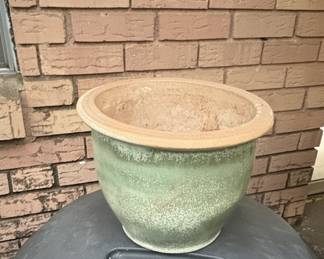 Glazed Ceramic Planter Pot with Distressed Green Finish