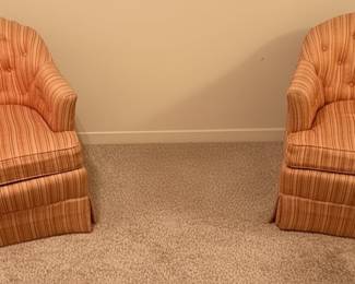 Vintage Striped Upholstered Barrel Back Armchairs 