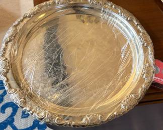 Ornate Silver-Plated Serving Tray with Rose and Scroll Motif