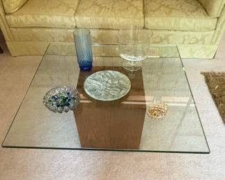 Mid-Century Modern Glass Top Coffee Table with Wood Pedestal Base