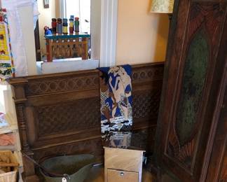 Antique Hand Carved Italian Bed Footboard, Antique Coal Bucket, Antique English Coal Holder