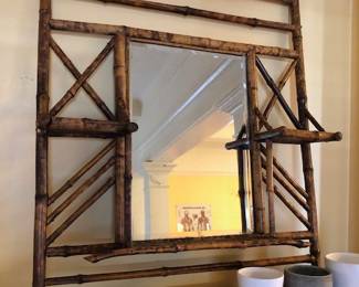 Antique Bamboo Wall Shelf w/ Mirror