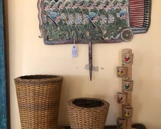 Vintage Indonesian Leather Puppet--Group of Soldiers, Wicker Top Hat Shaped Lamp Shades