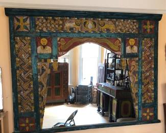 Huge Indonesian Carved & Painted Architectural Piece made into a Mirror 79"W x 59"T