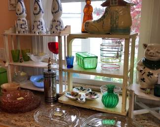 Depression Glassware, Brush Cookie Jar, Mexican Tequila Bottles (empty)