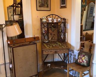 Antique Bamboo Secretary, Vintage Tweed Trunk, Bridge Lamp, Maple Chair