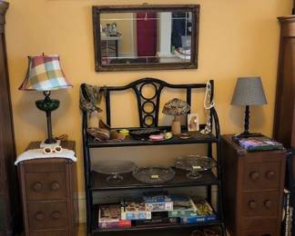 Vintage Rattan Shelf, Pair 1950s Waterfall Bed Tables, 1940s Etched Mirror