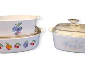 3 Corningware Cassarole Dishes  Country Cornflower  Fruit Basket