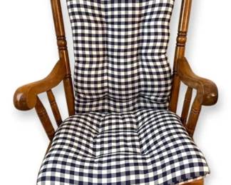 Wooden Rocking Chair With Blue White Checkered Cushions