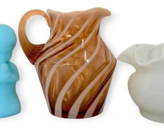 Fenton Glass Praying Children, Small Amber Opalescent Pitcher,  Ruffled Milk Glass Vase