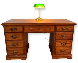 Dark Brown Wooden Desk with Green Lamp