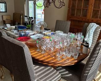 Dining table, 6 chairs, and glassware