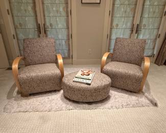 upholstered chairs with blonde wood handle and ottoman