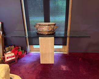 faux marble base and glass top sofa / console table