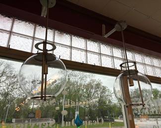 Beautiful art deco globe chandelier light. May be sold independently or as a pair.